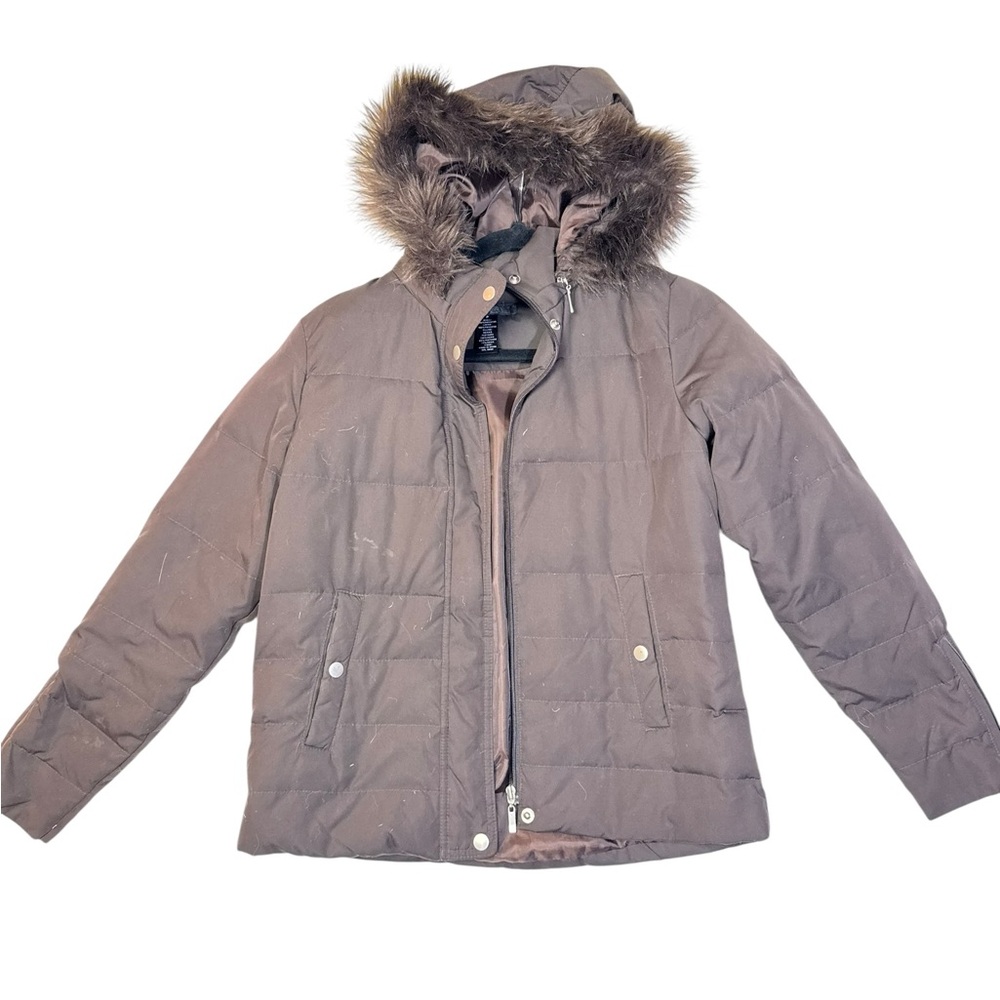 Style & Co Petite Brown Puffer Jacket with Faux Fur Hood – Size‎ P